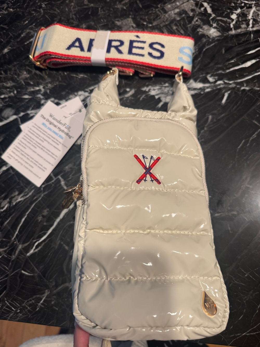 Wanderfull Cream Patent Quilted Crossbody with Embroidered Ski Detail